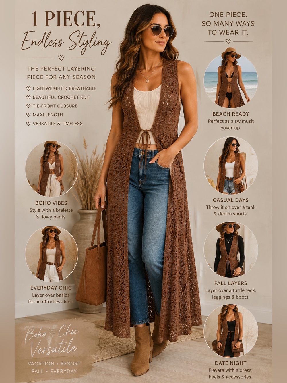 Elan Brown Crochet Knit Tie-Front Maxi Vest Cardigan Boho Layering Piece-NWT